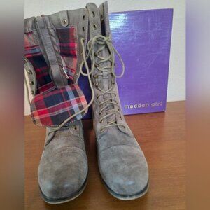 Madden Girl Galeriaa Brown Pari Gray Faux Leather Lace-Up Boots Plaid Lining 10M